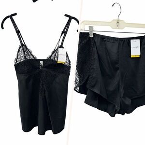 Elegant Black Lace Trim Camisole and bottoms set.